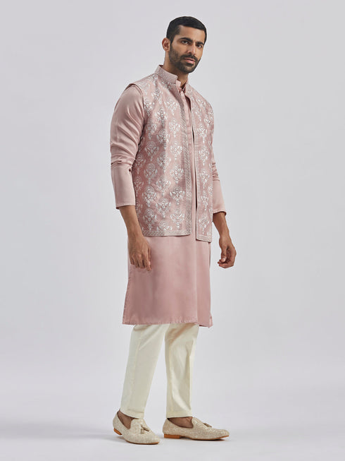 Men's Beige And Cream Silk Blend Jacket, Kurta And Pyjama Set
